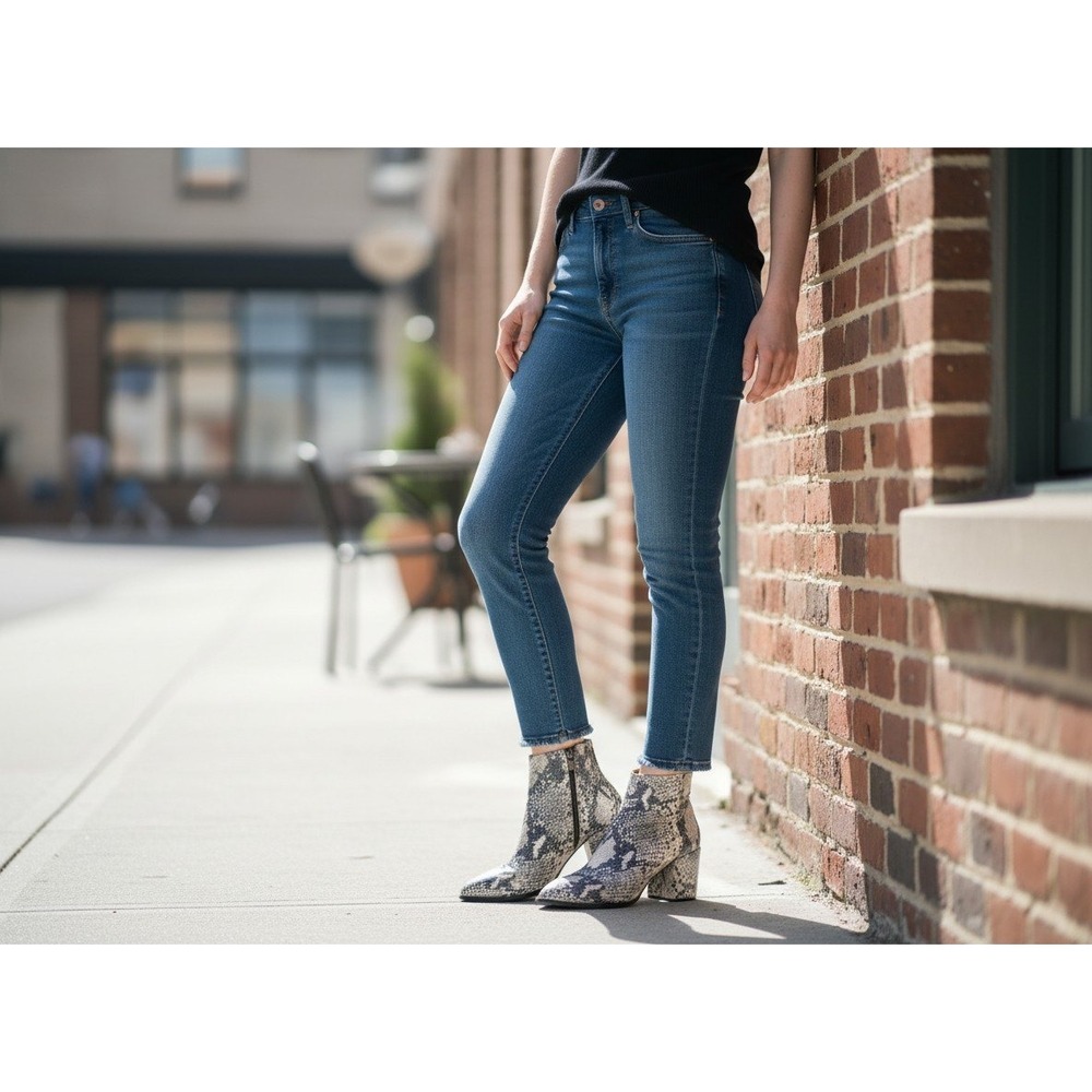 Steve Madden Jillian Snakeskin Leather Ankle Boots Grey Cream Block Heel 5M